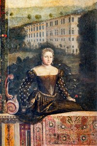 貴婦人の肖像画、貴婦人の小部屋の詳細 (壁に接着されたキャンバスに油彩) 作： Alessandro Bonvicino Moretto