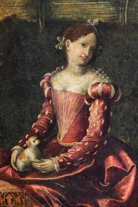貴婦人の肖像画、貴婦人の小部屋の詳細 (壁に接着されたキャンバスに油彩) 作： Alessandro Bonvicino Moretto