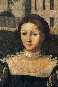 貴婦人の肖像画、貴婦人の小部屋の詳細 (壁に接着されたキャンバスに油彩) 作： Alessandro Bonvicino Moretto