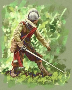 南米のジャングルを進む 1600 年代のスペインの征服者の兵士 (イラスト)