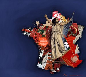 Uma mariana contra um fundo de colagem comunista. Alegoria do comunismo na França. 2010 Desenho colorido de Alessandro Lonati. 作： アレッサンドロ・ロナティ