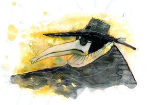 Ruttolääkäri, jolla oli nokkamainen maski, joka oli täytetty aromaattisilla esineillä 作： Alessandro Lonati