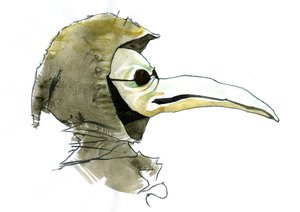 A plague doctor wearing a beak-like mask which was filled with aromatic items   1459158   ja       japanese Successfully Translated  Original: View of the transatlantic liner Titanic at the time of the sinking on 14 and 15 April 1912. Illustration by Alesa 作： Alessandro Lonati
