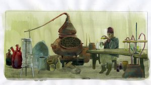 瓶と静止画を持った研究室の錬金術師 (瓶と静止画を持った実験室の錬金術師) イラスト: Alessandro Lonati