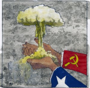 原子雲を保持しているアメリカとソビエトの手としての冷戦の寓意的な表現 イラスト: アレッサンドロ・ロナティ