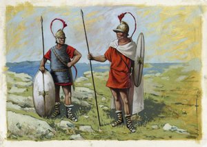 古代ギリシャ: トレオフォアの傭兵 (Thureophoros または Thureophoroi) (紀元前 3 ～ 1 世紀) (右) とトラカイト (Thorakitai) (左)。 アレッサンドロ・ロナティの絵