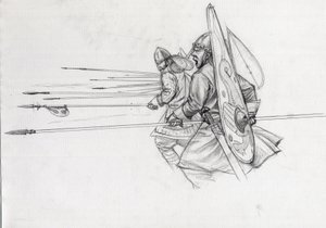 1066 年のヘイスティングズの戦いでの歩兵のノルマン戦士の突撃。アレッサンドロ ロナティによる描画。 作： アレッサンドロ・ロナティ