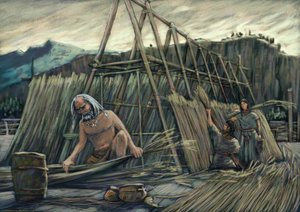 パラフィットハウス、先史時代の家屋の建設。 作： アレッサンドロ・ロナティ