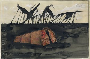 Ekologinen katastrofi: öljyttyjä lintuja rannalla öljytankkerin uppoamisen jälkeen tai öljytölkkejä, jotka on viritetty rannalla Kuvitus: Alessandro Lonati 作： アレッサンドロ・ロナティ