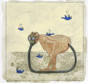エコロジーと大気汚染: 空気浄化の方法、男性はマスクで自分の体のガスを呼吸します (エコロジーと 作： Alessandro Lonati