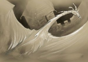 ファンタスティック クリーチャー: 城の塔の上を飛ぶドラゴン デッサン アレッサンドロ ロナティ 作： Alessandro Lonati