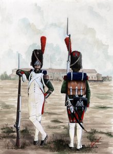 ファースト エンパイア (1804-1814 および 1815): イタリア、ミラノのスフォルツェスコ城の広場にあるナポレオン大陸軍の近衛兵の擲弾兵。 アレッサンドロ・ロナティの絵