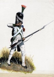 Primeiro Império (1804-1814 e 1815): Velite soldado do grande exército napoleônico na Itália abrindo um cartucho. Desenho de Alessandro Lonati