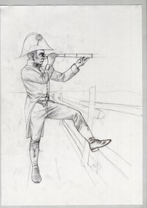 Primeiro Império (1804-1814 e 1815): soldado sênior do grande exército napoleônico francês em observação com visão de longo alcance (long view). Desenho inacabado de Alessandro Lonati. 作： アレッサンドロ・ロナティ