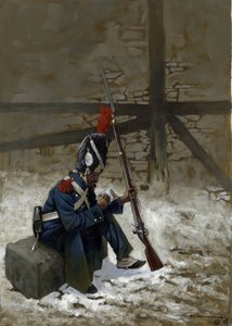 First Empire: Vartijakranaatteri takin päällä istumassa lumessa. Piirustus Alessandro Lonati