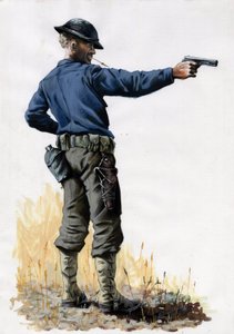 第一次世界大戦 1914-1918: 1917 年に西部戦線でピストルを持ったアメリカ陸軍の歩兵。 アレッサンドロ・ロナティの絵 作： アレッサンドロ・ロナティ