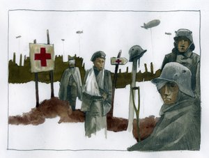 第一次世界大戦: 赤十字救援隊で負傷したギュレス・カシーと戦争負傷者 - 1914-1918 イラスト: アレッサンドロ・ロナティ 作： アレッサンドロ・ロナティ