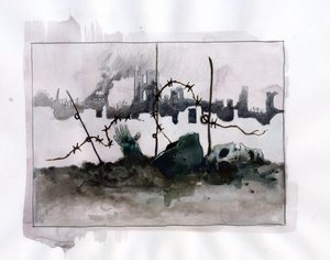 第一次世界大戦: アレッサンドロ・ロナティのカラー画を背景に、ひげを生やした髑髏のヘルメットをかぶった戦争のアレゴリー 作： アレッサンドロ・ロナティ
