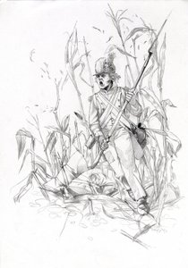 最初の帝国 (1804-1814 および 1815): ナポレオン軍の兵士、負傷した同志と共にトウモロコシ畑を襲撃した歩兵。 アレッサンドロ・ロナティの絵