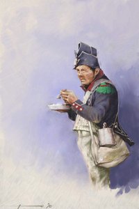 Ensimmäinen valtakunta: kevytjalkaväen sotilas aterian aikana Napoleon I:n kampanjan aikana (luultavasti Venäjällä) 1800-luvun alku. Kuvitus Alessandro Lonati. 2010 作： アレッサンドロ・ロナティ