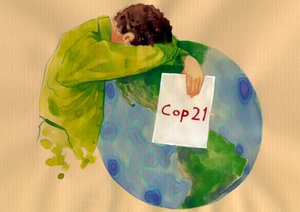 地球の未来、地球温暖化と汚染の解決策を見つけることになっていたパリで開催された警官 21 サイン (2015 年国連気候変動会議) を手に持って泣いている男 イラスト: アレッサンドロ・ロナティ 作： アレッサンドロ・ロナティ