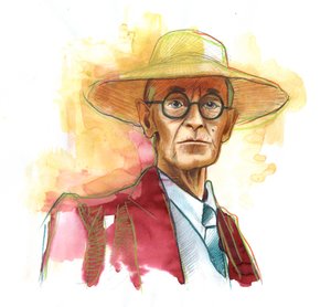 ヘルマン ヘッセ (1877-1962)、ドイツの小説家、詩人、エッセイスト、当時はスイス人 - イラスト: アレッサンドロ ロナティ 作： Alessandro Lonati