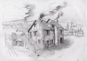 19世紀、フランスの港近くの村の家。 作： Alessandro Lonati
