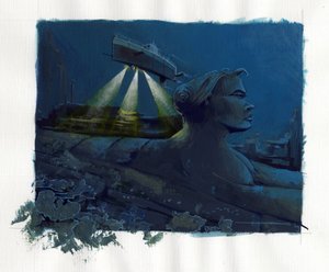 アトランティス海 (アトランティス) の下に消えた島の神話のイラスト: 潜水艦 (潜水艦) が海底を探索し、伝説の島の遺跡を発見します。 アレッサンドロ・ロナティによるカラードローイング。 作： アレッサンドロ・ロナティ