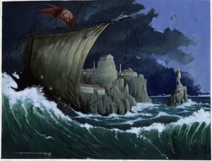 アトランティス海の下で消えた島の神話のイラスト: 消える前の伝説の島のギリシャの都市の眺め. アレッサンドロ・ロナティによるカラードローイング。 作： アレッサンドロ・ロナティ