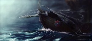 Criatura Lendária: Dragão Atacando um Drakkar (Barco Viking) Desenho de Alessandro Lonati 作： アレッサンドロ・ロナティ