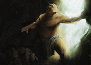 ホメーレのオデッセイ: サイクロプスのポリフェームは、洞窟でユリシーズに目がくらんでいます。 イラストはアレッサンドロ・ロナティ。 2010年 作： Alessandro Lonati