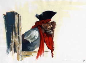 水平線を見つめるカリブの海賊。 アレッサンドロ・ロナティの絵。 作： アレッサンドロ・ロナティ