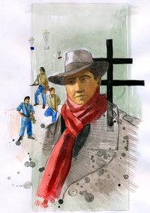 第二次世界大戦中のフランスのレジスタンスの著名なメンバーであるジャン・ムーランの肖像 イラスト：アレッサンドロ・ロナティ