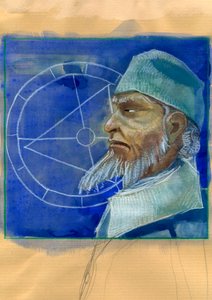 Retrato de Michel de Notre Dame (Nostradamus) astrólogo inglês - Retrato de Nostradamus, Michel de Notre Dame (1503-1566) astrólogo e médico francês Ilustração de Alessandro Lonati 作： アレッサンドロ・ロナティ