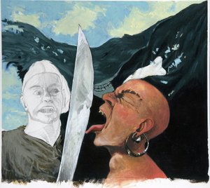 敵の剣に舌で触れて逆らう海賊（私掠船）の肖像画。 ジョリーロジャー（頭蓋骨）の下部にあります。 アレッサンドロ・ロナティによるカラードローイング。