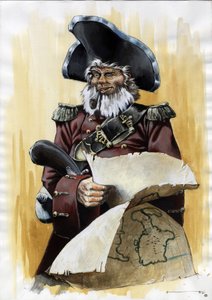 手には財務省の地図を持ち、三角帽子をかぶった海賊 (私掠船) または水夫の肖像画。 アレッサンドロ・ロナティによるカラードローイング。 作： アレッサンドロ・ロナティ