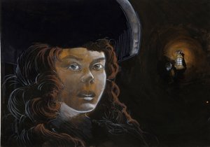 Retrato de uma mulher pirata (corsário) ou marinheiro no meio da noite, iluminado pela lanterna de outro pirata. Desenho colorido de Alessandro Lonati. 作： アレッサンドロ・ロナティ