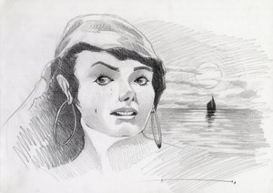 Retrato de uma mulher pirata do Caribe (ou corsário), com o pôr do sol no horizonte. Desenho de Alessandro Lonati.