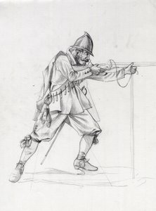17 世紀の船兵が発砲位置にいる肖像画。 アレッサンドロ・ロナティの絵。