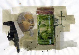 ホルマリンで保存された自分の頭を見ているイタリアの犯罪学者の肖像 イラスト: アレッサンドロ・ロナーティ 作： アレッサンドロ・ロナティ