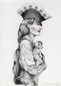 Retrato de perfil de uma mulher pirata do Caribe (corsário), com um macaquinho nos braços. Desenho de Alessandro Lonati. 作： アレッサンドロ・ロナティ