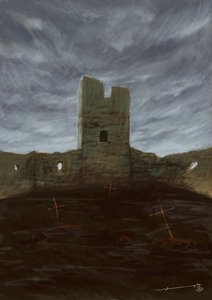 Túmulos de um cemitério abandonado entre as ruínas. Desenho de Alessandro Lonati