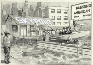 アメリカ、ニューヨーク: 1950 年代に装飾を待っている水上飛行機と海空港のビュー. アレッサンドロ・ロナティの絵 作： アレッサンドロ・ロナティ