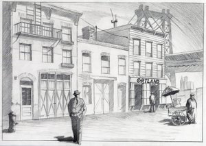 Estados Unidos, Nova York: vista de uma rua de um bairro da cidade na década de 1950. Desenho de Alessandro Lonati 作： アレッサンドロ・ロナティ