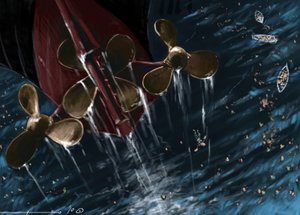 1912 年 4 月 14 日と 15 日の沈没時の大西洋定期船タイタニック号のヘリックスの眺め。アレサンドロ ロナティによるイラスト。 2010年 作： アレッサンドロ・ロナティ