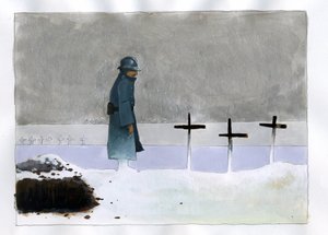 第一次世界大戦: 戦没者墓地で十字架を見ているフランス兵 作： アレッサンドロ・ロナティ