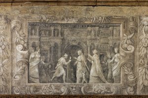 演劇作品を再現したモノクロのフレスコ画（フレスコ画） 作： Alessandro Maganza
