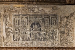 アカデミーによってキュレーションされた演劇作品、玄関ホール (モノクロのフレスコ画) 作： Alessandro Maganza
