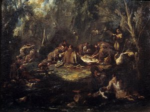 修道院生活のシーン僧侶の朝食、下草で祈ったり読んだり。アレッサンドロ・マニャスコによる絵画 作： Alessandro Magnasco