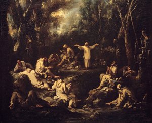 修道院生活の風景。さまざまな祈りの姿勢をとる修道士や、日常のさまざまな仕事をする修道士たち。アレッサンドロ・マニャスコ(1667-1749)の作品。装飾美術博物館。パリ。 作： Alessandro Magnasco
